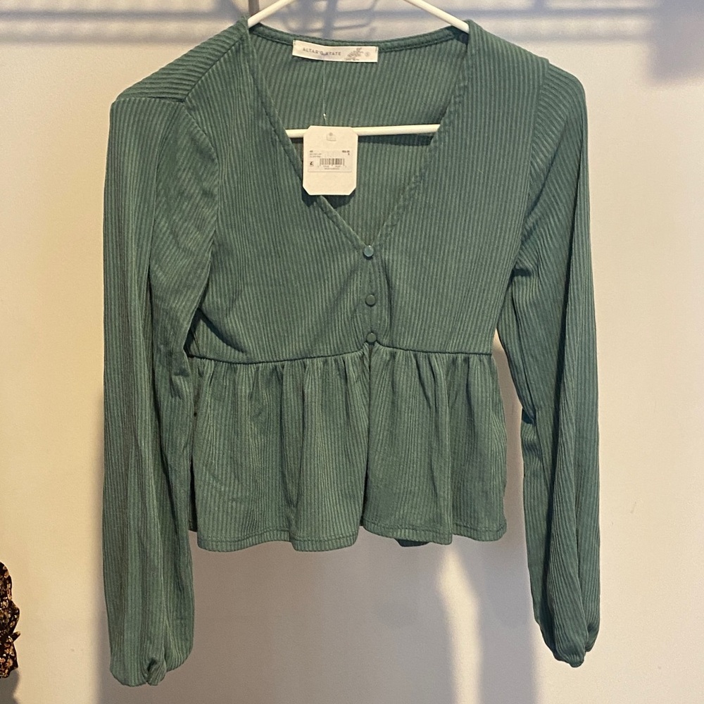 Altar'd State Teal Button-Down Peplum Top